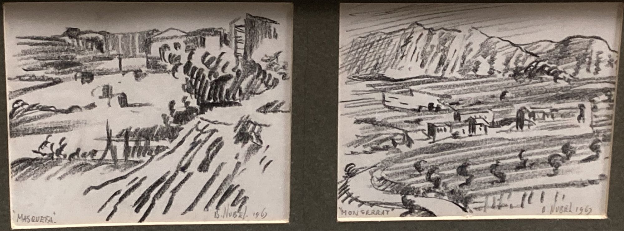 Basil Nubel (1923-1981), two pencil drawings, Masquefa and Monserrat, Spain, signed and dated 1967, 8 x 9.5cm, framed as one, and